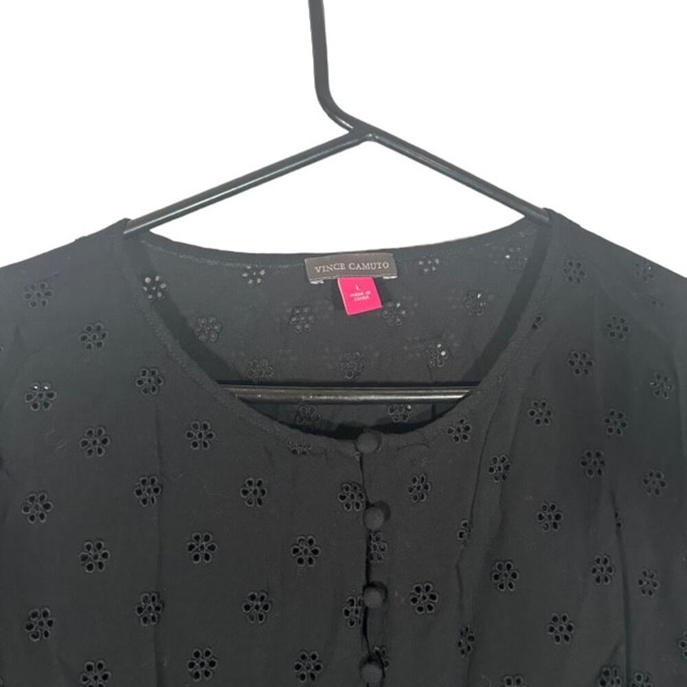 Vince Camuto Black Floral Embroidered Half Button Front Blouse Women Sz L - Picture 5 of 9